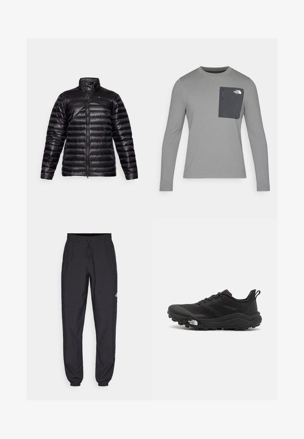 Mustapuffer-takki, jossa on korkea kaulus, vetoketjusulku, tikattu rakenne ja kontrastivärinen sininen logo vasemmassa olkapäässä.; Harmaa pitkähihaisuus paita, jossa on teksturoitu kangas, tummanharmaalla rintataskulla ja vetoketjukiinnityksellä. Taskussa valkoinen logo.; Mustat urheiluhousut, jotka on valmistettu kevyestä kankaasta. Housuissa on naru vyötäröllä, sivutaskut ja kapenevat hihnat nilkoissa.; Musta maastojuoksukengät, joissa on teksturoitu päällinen, kumipohja ja vahvistettu varvastoppia. Varusteena pehmustettu nilkkakappale ja vetotappi helppoa pukemista varten.