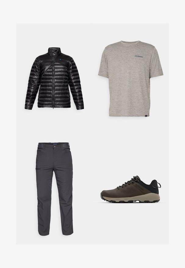 Giubbotto a soffietto nero con collo alto, dotato di chiusura con zip, design trapuntato e logo blu a contrasto sulla spalla sinistra.; T-shirt grigio a maniche corte realizzato in un morbido tessuto di texture, con un piccolo logo blu di Patagonia sul lato sinistro del petto. Senza ulteriori fantasie.; Pantaloni grigi scuri realizzati in tessuto resistente, dotati di tasca con zip, taglio dritto e passanti per cintura per una vestibilità regolabile.; Sneakers impermeabili marroni con tomaia testurizzata, dettagli perforati, supporto al tallone nero e suola in gomma grigia. I lacci sono decorati con estremità metalliche.