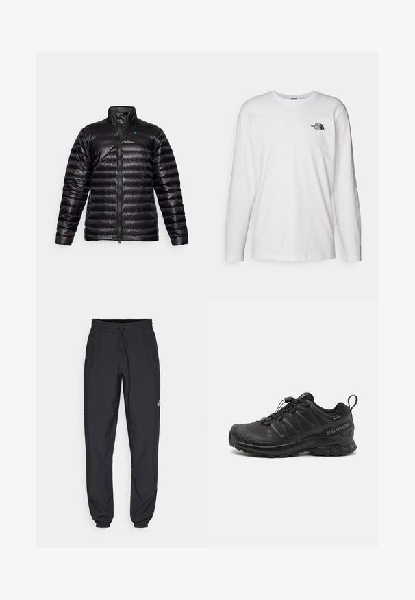 Giubbotto a soffietto nero con collo alto, dotato di chiusura con zip, design trapuntato e logo blu a contrasto sulla spalla sinistra.; T-shirt bianco a maniche lunghe in cotone con colletto rotondo. Presenta un piccolo logo nero sul petto. Texture liscia, vestibilità regolare.; Pantaloni sportivi neri realizzati in tessuto leggero, con vita regolabile con cordino, tasche laterali e orli affusolati alle caviglie.; Scarpa sportiva nera con parte superiore in sintetico testurizzato, suola imbottita e sistema di allacciatura rapida. Presenta una punta e un tallone rinforzati.