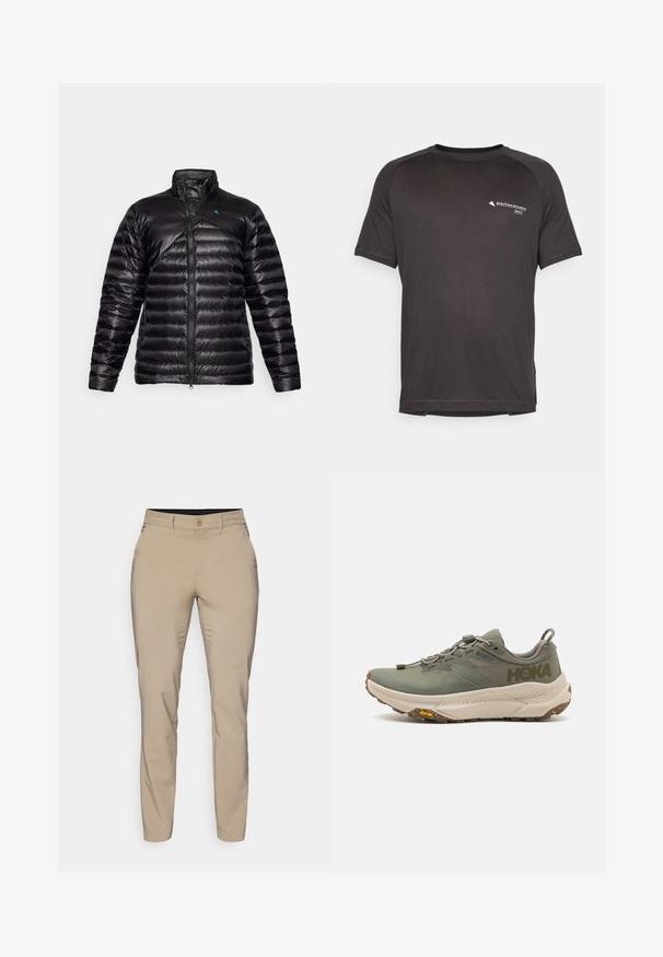 Czarna kurtka puchowa z wysokim kołnierzem, z zamkiem błyskawicznym, pikowanym wzorem i kontrastowym niebieskim logo na lewej ramieniu.; Czarna koszulka sportowa z krótkim rękawem, wykonana z lekkiego, teksturowanego materiału. Posiada małe białe logo na piersi oraz okrągły dekolt.; Beżowe spodnie wykonane z gładkiego materiału o dopasowanym kroju, z pojedynczym zapięciem na guzik i bocznymi kieszeniami, kończące się na kostce.; Zielone buty biegowe Hoka z górnym materiałem Gore-Tex, teksturowanymi akcentami, elastycznymi sznurówkami i grubą beżową podeszwą charakteryzującą się logo Vibram.
