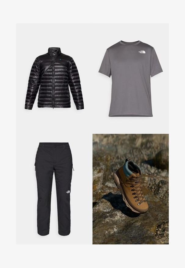 Jachetă puffer neagră cu guler înalt, cu închidere prin fermoar, design matlasat și logo albastru contrastant pe umărul stâng.; Tricou sportiv gri cu maneci scurte, realizat dintr-un material neted și ușor. Dispune de un logo alb pe partea stângă a pieptului. Design cu guler rotund.; The North Face WINTER EXPLORATION TAPERED CARGO - Pantaloni outdoor - black; Bocanc de drumeție maro cu partea superioară sintetică, guler bleu deschis, ochiuri metalice și talpă din cauciuc texturat. Conceput pentru activități în aer liber.