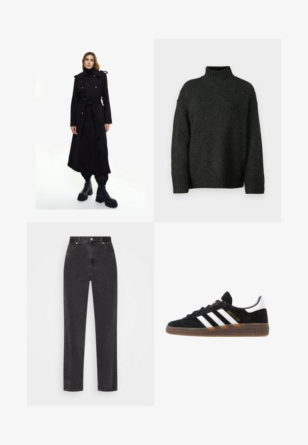 Lange zwarte wollen jas met een riem in de taille, dubbelzijdig ontwerp, gouden knopen en schouder epauletten. Draag over een zwarte coltrui en broek.; Vero Moda Tall VMMADDIE HIGHNECK PULL - Trui - dark grey melange; Zwarte denim jeans met rechte pijpen en hoge taille, met een knoop en rits aan de voorkant en vijf zakken, op een witte achtergrond.; Zwarte Adidas sneaker met witte strepen, gouden "Spezial" tekst, gumzool en witte hieltab, weergegeven in zijaanzicht.