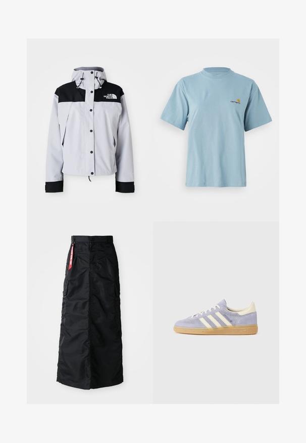 Ljusgrå och svart huva-jacka med framknappar, justerbara dragsnören och The North Face-logotyp på bröstet.; Ljusblå kortärmad bomullströja med rund hals och liten gul och röd Carhartt-logga på vänster bröst.; Svart lång kjol med framknapp och dragkedja, sidofickor i cargo-stil, och en röd "Remove Before Flight" tygtagg på midjan.; Lila mockaskor med tre vita ränder, gummisulor i gummi och krämfärgade accenter vid hälen och tungan. Minimalistisk design med logotypdetalj.