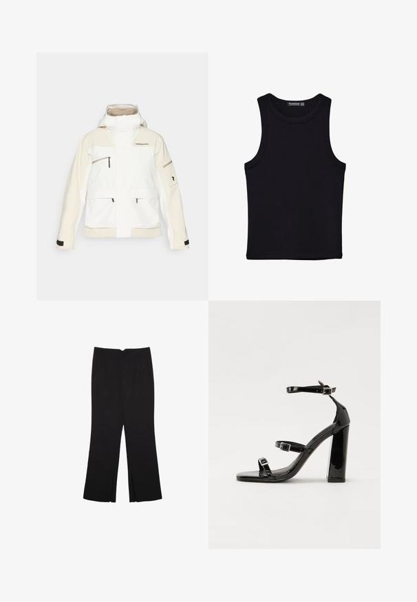 Hvid og cremefarvet vandtæt jakke med hætte, flere lynlåslommer, et logo på brystet og justerbare manchetter. Glat tekstur.; Sort tank top lavet af bomuld, med rund halsudskæring og brede armhuller. Glat tekstur med syede kanter. Klassisk, minimalistisk design.; Sorte bukser med lige pasform, der har frontlommer og slidser i kanten. Lavet af blødt, glat stof. Velegnet til forskellige anledninger.; Sorte laklædersandaler med høje hæle, to spænderemme, firkantet tå og en kraftig blokhæl, der har en glat, blank overflade.