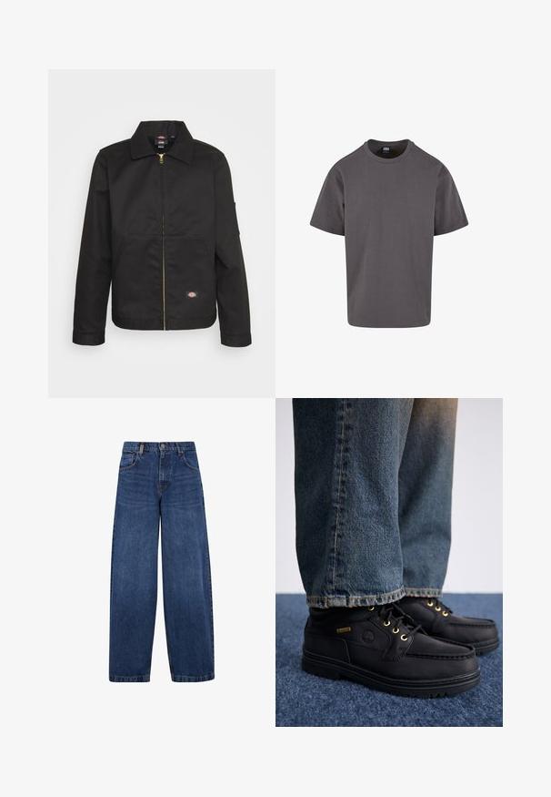 Must mustriga jakki, millel on krae, kaks esipocketit ja väike logo alumises osas. Valmistatud vastupidavast kangast, millel on sile tekstuur.; Halli puuvillane T-särk ümmarguse kaelusega ja lühikeste varrukatega. Kangas on sile, laia lõikega ja minimalistliku disainiga. Pole mustreid ega aksessuaare.; Laiad sinised denim püksid klassikalise viie tasku kujundusega, nööbiga sulgemine ja veidi pleekinud tekstuur. Tugevdatud õmblused.; Mustad nahast kingad kullavärvi silmadega ja tekstuuriga pinnaga, millele on sobitatud sinised teksad. Kingadel on kihiline tall ning brändingudetail.
