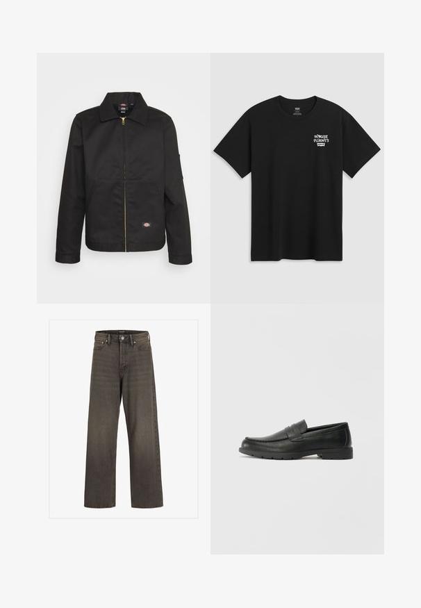 Fekete, zipzáros dzseki gallérral, két elülső zsebbel és egy kis logóval az alsó részen. Tartós anyagból készült, sima textúrával.; Fekete pamut póló, melynek mellkasi nyomata "HOUSE PLANTS" felirattal fehér stilizált betűkkel, alatta a "Levi's" felirattal. Klasszikus kerek nyakú.; Széles lábú farmernadrág sötétszürke denimből, magas derékkal, klasszikus öt zsebes kialakítással és kontrasztos varrással az illesztések mentén.; Fekete bőr mokaszinok sima felülettel, a mokaszin stílusú felsőrésszel, varrott részletezéssel és gumitalppal. Klasszikus dizájn alacsony sarokkal.