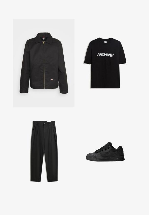 Musta vetoketjullinen takki, jossa on kaulus, kahdella etutaskulla ja pieni logo alaosassa. Valmistettu kestävästä kankaasta, jossa on sileä pinta.; Musta puuvillainen T-paita, jossa on valkoinen "ARCHIVE inc." -logo rinnassa, lyhyet hihat ja pyöreä kaula-auko.; Mustat puuvillahousut rentoa mallia, joissa on klassinen vyötärö, etukangastukset ja sivutaskut. Sileä pinta ilman kuvioita.; Mustat tennarit, joissa on teksturoitu päällyspinta, nauhat, verkkokohdat hengittävyyttä varten, pehmeä kaulus ja kestävä pohja.
