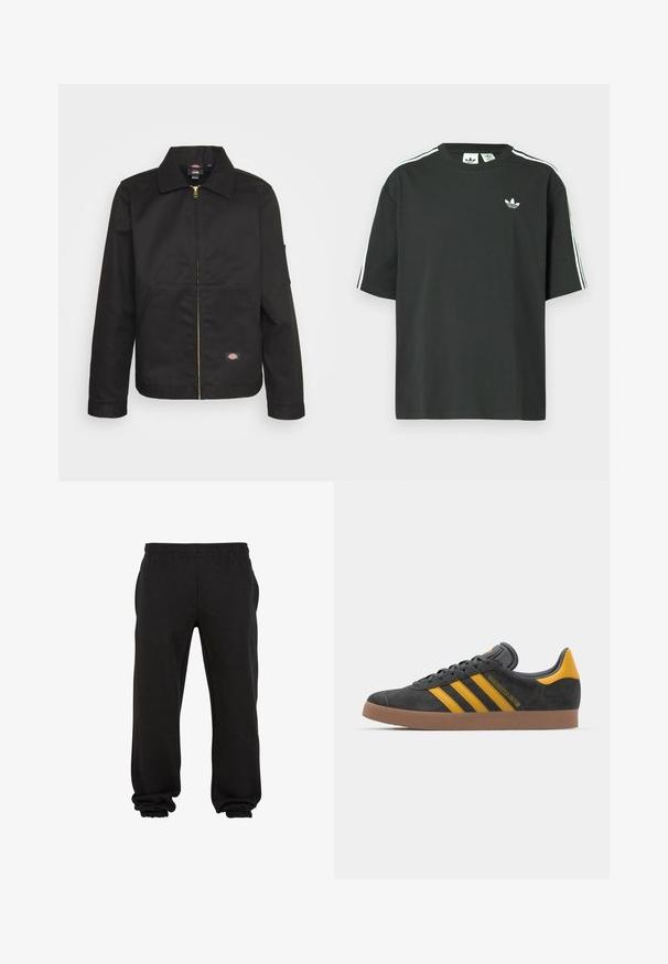 Giacca nera con zip e colletto, con due tasche frontali e un piccolo logo sul lato inferiore. Realizzata in tessuto robusto con una texture liscia.; Maglietta nera in cotone con maniche corte, scollo rotondo e dettagli bianchi a tre strisce sulle spalle. Presenta un piccolo logo bianco sul petto.; Pantaloni della tuta neri realizzati in tessuto morbido, con un elastico in vita e polsini elastici alla caviglia, offrono una vestibilità rilassata e comfort.; Sneaker in suede nero con dettagli gialli, dotato di tre strisce e una suola in gomma marrone. Include una linguetta imbottita per il comfort.