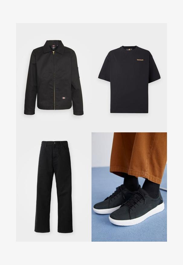 Jachetă neagră cu fermoar și guler, având două buzunare frontale și un mic logo pe partea inferioară. Fabricată dintr-un material rezistent cu o textură netedă.; Polo Timberland cu mânecă scurtă și guler rotund, de culoare neagră, cu un mic logo bej în partea stângă sus a pieptului, expus pe un fundal alb.; Pantaloni din denim negri cu croi drept, având buzunare frontale, fermoar și un singur buton la partea superioară. Țesătură texturată cu un finisaj mat.; Adidași negri din suede cu talpă din cauciuc albă, cu un design cu șireturi, accente texturate și branding subtil, asortați cu pantaloni maro.