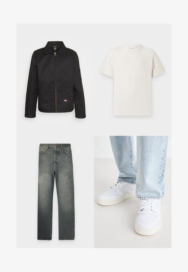 Juoda zip-up striukė su apykakle, turinti dvi priekinės kišenes ir mažą logotipą apatinėje pusėje. Pagaminta iš tvirto audinio su lygiu paviršiumi.; Balta trumpa rankovė T-polo marškinėlių su juostelėmis tekstūra. Apvalus iškirpimas, laisvas fasonas, jokių matomų raštų ar akcentų. Paprastas ir universalus dizainas.; Jack & Jones JJIALEX JJCOOPER - Platūs džinsai - black denim; Balti odiniai žemi modeliai kedai su perforuota nosimi, plokščiomis raištelėmis ir minimalistiniu dizainu. Suderinti su šviesiai mėlynomis džinsinėmis kelnėmis.