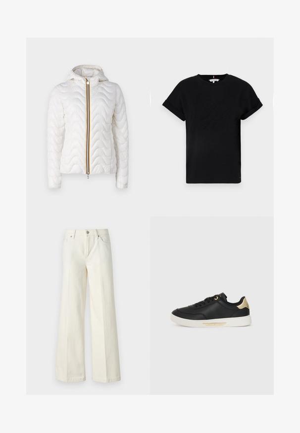 K-Way QUILTED WARM - Välikausitakki - white gardenia; Mustapaita, jossa on lyhyet käärityt hihat, keskellä kohokuvioitu logo ja sivussa pieni lipputunnus.; Valkoiset leveät farkut, jotka on valmistettu puuvillasekoitteesta. Ominaisuuksina vetoketjuluukku, viisi taskua ja ompeleet saumoissa.; Musta nahkakengät, joissa on sileä pinta, valkoinen kumipohja, kultaiset yksityiskohdat kantapäässä ja nauhoissa, sekä logo sivussa.