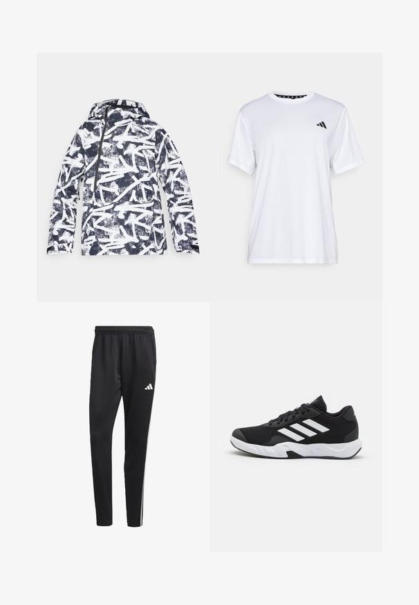 Jakna s grafičnim potiskom, ki ima mornarsko modro in belo abstraktno zasnovo, vodoodporno blago, kapuco, sprednji zadrgo in stranske žepke.; Bela športna majica s kratkimi rokavi, izdelana iz tkanine, ki odvaja vlago. Ima črn logotip na levem prsnem delu in vzorčasto notranjo vratno odprtino.; Črne atletske hlače z raztegljivim pasom, belimi stranskimi črtami in majhnim belim logotipom na stegnu. Narejene so iz gladkega, lahkega materiala.; Črne atletske čevlje z strukturiranim mrežastim zgornjim delom, belimi poudarnimi črtami, oblazinjenim podplatom in ojačanim petnim delom za podporo.