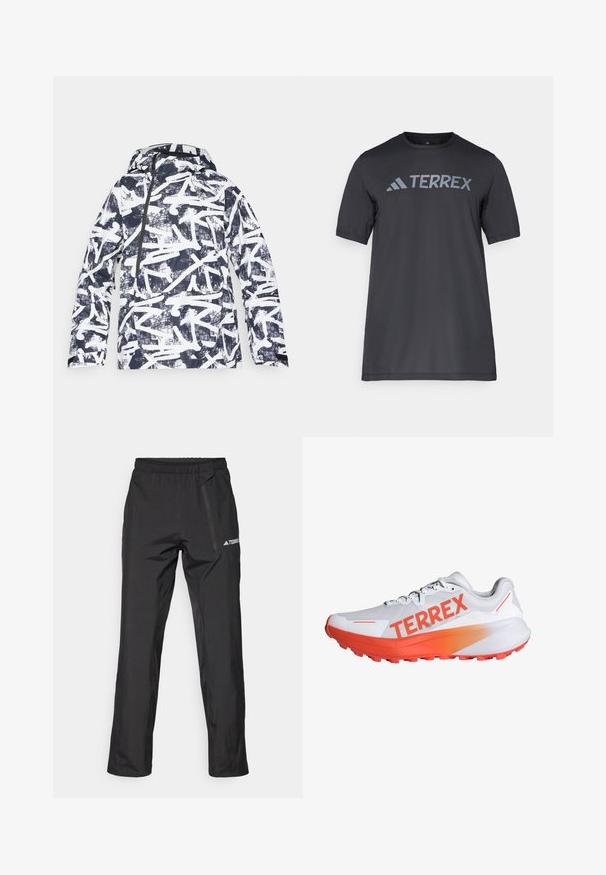 Graafilise printimisega jakk, millel on tumesinine ja valge abstraktne disain, veekindel materjal, kapuuts, eesmine tõmblukk ja küljetaskud.; Must musta t-särk, mis on valmistatud kergetest kangast, millel on kergehall "TERREX" logo rinnaeest ja ümar kaelus.; Mustad kergekaalulised välispüksid elastse vöökoha, tõmblukuga taskute ja trükitud logoga. Sile tekstuur ja sirge sääre lõige.; Valge jooks鞋 яркий оранжевыми акцентами и брендингом "TERREX". Оснащён текстурированной сетчатой верхней частью и амортизирующей подошвой с протекторами для сцепления.