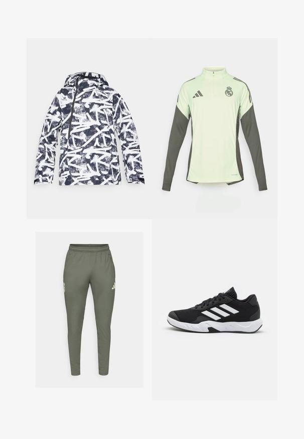 Grafická printová bunda s námořnickým a bílým abstraktním designem, vodotěsný materiál, kapuce, přední zip a boční kapsy.; Světle zelený dlouhý rukáv s tmavě šedými akcenty, poloviční zip u krku a logo Real Madrid. Vyrobeno z prodyšné látky.; Olivově zelené sportovní kalhoty s úzkým střihem, elastickým pasem a bočními kapsami. Na levém stehně se nachází logo a kontrastní detaily.; Černé sportovní boty s texturovaným síťovaným svrškem, bílými akcentními pruhy, polstrovanou podrážkou a vyztuženým patem pro podporu.