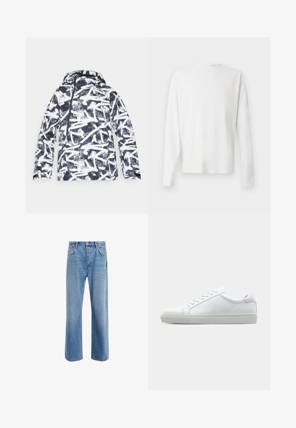 Grafisk mönstrad jacka med ett marinblått och vitt abstrakt mönster, vattentätt material, huva, frontdragkedja och sidofickor.; Vit långärmad skjorta i bomull med rund halsringning, sidofickor längst ner och en slät yta, visad bakifrån.; Ljust blå denimjeans med rak passform, fem fickor, knappstängning, minimal blekning och kontrasterande sömdetaljer.; Vit sneaker med en slät läderövre och låg profil. Har en rundad tå, sex snörhål och en strukturerad gummisula.