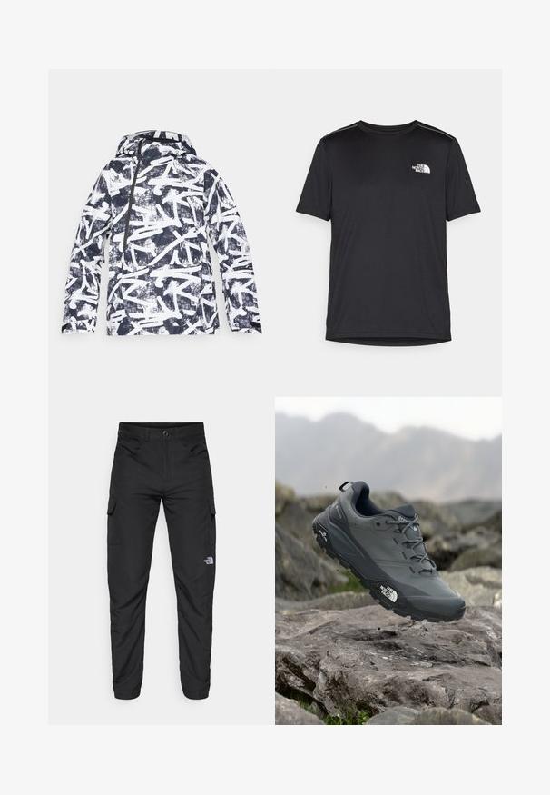 Grafisk trykt jakke med et marineblått og hvitt abstrakt design, vanntett materiale, hette, frontglidelås og sidelommer.; Svart kortermet T-skjorte laget av lett materiale. Har en liten hvit logo på venstre bryst og subtile skulderdetaljer.; The North Face HORIZON PANT - Friluftsbukser - black; Grå terrengløpesko med en teksturert overdel, slitesterk gummisåle og forsterket tåhette. Inkluderer snørebånd og merkevarelogo på siden.