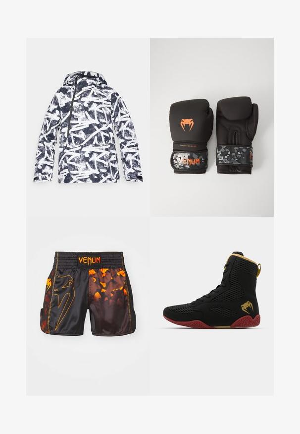 Grafický printový kabát s námorníckym a bielym abstraktným dizajnom, vodoodolný materiál, kapucňa, predný zips a bočné vrecká.; Bezrukávový čierny atletický kompresný dres so subtilnými vzorovanými panelmi, malým bielym logom hada na hrudi a okrúhlym emblémom pri leme.; Čierne a oranžové šortky Venum s lesklým povrchom, kontrastnými maskáčovými vzormi a elastickým pásom s detailom loga.; Vysoké športové topánky s čiernou sieťovinou a syntetickým materiálom, textúrované akcenty, červená gumová podrážka a zlaté detaily na členku.; Čierne boxerské rukavice s matným povrchom a ergonomickým dizajnom. Oranžové logo a manžety s maskáčovým vzorom.