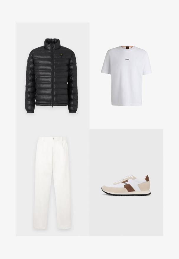 Black puffer jacket with a high collar, zip front, and ribbed cuffs. Features horizontal quilting and a small logo on the chest. Lightweight material.; White cotton T-shirt with short sleeves, featuring a black "BOSS" logo centered on the chest and a round neck design.; White trousers made from smooth fabric, featuring a straight leg design, front pleats, and a single button closure at the waist.; Sneakers featuring a mix of white mesh and beige suede, with a brown leather accent. Rounded toe, flat rubber sole, and lace-up design.