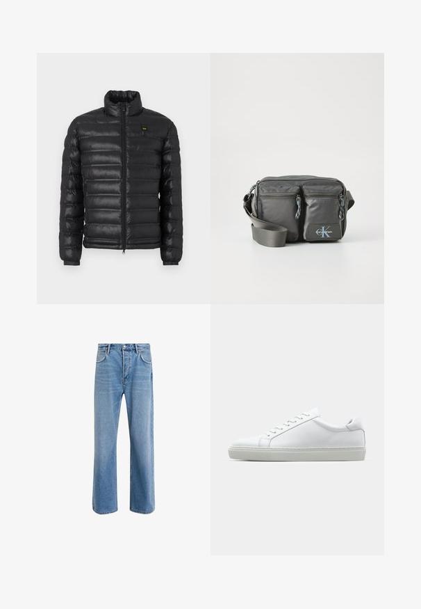 Schwarze Pufferjacke mit hohem Kragen, Reißverschluss vorne und gerippten Bündchen. Merkmale sind horizontale Steppungen und ein kleines Logo auf der Brust. Leichtes Material.; Langärmliges Shirt mit Stehkragen aus leichtem cremefarbenem Baumwollstoff. Glatte Textur, lockere Passform, minimalistisches Design, keine sichtbaren Muster oder Akzente.; Helle blaue Jeans im Geradeschnitt-Design, mit fünf Taschen, Knopfverschluss, minimaler Ausbleichung und kontrastierenden Nähdetails.; Weißer Sneaker mit glattem Lederobermaterial und niedrigem Profil. Verfügt über eine runde Zehenpartie, sechs Ösen und eine strukturierte Gummisohle.; Graue Nylon-Crossbody-Tasche mit zwei Reißverschluss-Fronttaschen, verstellbarem Riemen und Logo-Akzent. Glatte Textur mit modernem Design.