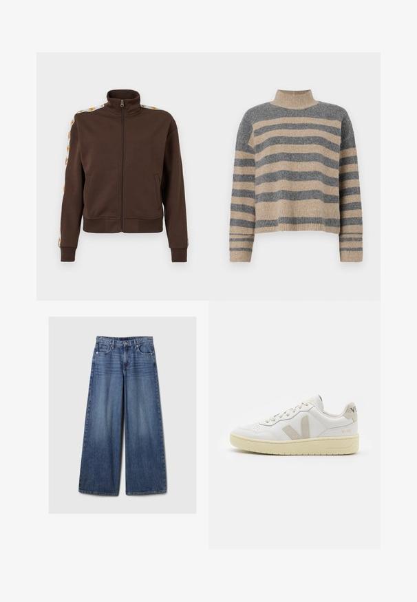 Braon jakna na zip od mekanog materijala, s visokim izrezom, bočnim džepovima i uzorkovanim detaljima duž ramena. Rebrasti rukavi i donji rub.; Prugasti pleteni džemper u sivoj i bež boji, s visokim ovratnikom, širokim rukavima s manžetama i opuštenim krojem koji je skraćen.; Široke plave traperice s izblijedjelim finišom, s kopčanjem na gumb i patentni zatvarač, pet džepova i petljama za remen.; Bijele kožne tenisice s bež nubuk naglascima, perforiranim prednjim dijelom, ravnim čipkama i teksturiranom kremastom potplatom. Sadrži suptilni brend na pete.