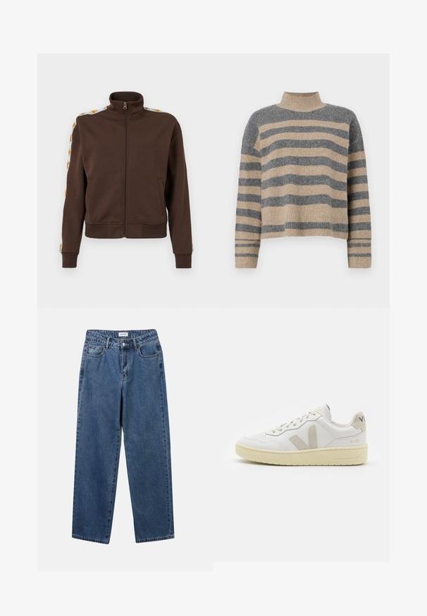 Braune Zip-Jacke aus weichem Material mit hohem Kragen, seitlichen Taschen und gemusterten Akzenten an den Schultern. Gerippte Bündchen und Saum.; Gestreifter Strickpullover in Grau- und Beigetönen, mit hohem Kragen, breiten Bündchen an den Ärmeln und einer lockeren Passform im verkürzten Design.; Klassische blaue Denim-Jeans mit geradem Bein, fünf Taschen und Knopfverschluss. Sie verfügen über eine mittelblau gewaschene Optik und sind aus robuster Textur.; Weiße Ledersneaker mit beigen Wildlederakzenten, perforierte Zehenbox, flache Schnürsenkel und eine strukturierte cremefarbene Sohle. Mit dezentem Branding an der Ferse.