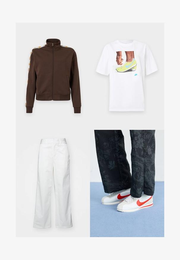 Braune Zip-Jacke aus weichem Material mit hohem Kragen, seitlichen Taschen und gemusterten Akzenten an den Schultern. Gerippte Bündchen und Saum.; Weißes Baumwoll-T-Shirt mit einem Grafikdruck von Füßen in gelben Nike-Stollenschuhen mit blauen Akzenten, ergänzt durch ein Armband am linken Handgelenk.; Weiße, weit geschnittene Hosen aus Baumwolle mit glatter Textur, geradem Schnitt, seitlichen Taschen und einem sauberen Saum.; Weiße Nike-Sneaker mit roten Akzenten, kombiniert mit schwarzen Hosen, die ein florales Muster aufweisen. Die Textur ist glatt mit einer flachen geflochtenen Sohle.