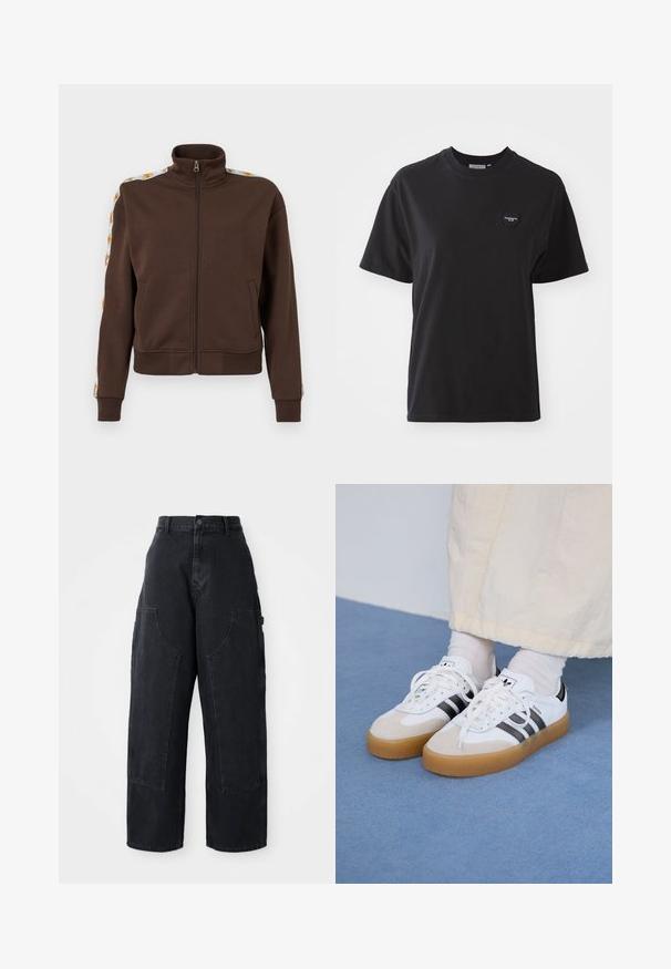 Braune Zip-Jacke aus weichem Material mit hohem Kragen, seitlichen Taschen und gemusterten Akzenten an den Schultern. Gerippte Bündchen und Saum.; Schwarzes Baumwoll-T-Shirt mit Rundhalsausschnitt, kurzen Ärmeln und einem kleinen herzförmigen Logo in der oberen linken Ecke. Glatte Textur, lockere Passform.; Schwarze Denim Cargo-Hosen mit weitem Bein und hoher Taille, zwei großen Vordertaschen und einem Knopfverschluss an der Taille. Glatte Textur, lässiges Design.; Weiße Sneaker mit schwarzen Streifen und beigen Wildlederakzenten. Besitzen eine strukturierte Gummisohle und flache weiße Schnürsenkel, getragen mit hellen Socken.