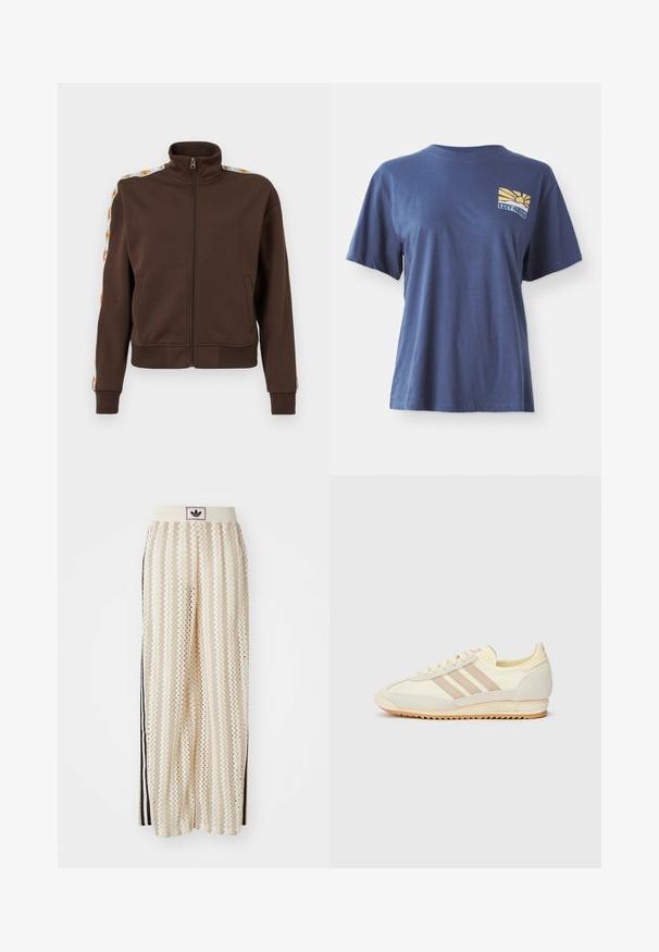 Pruun lukuga jakk pehmest materjalist, millel on kõrge krae, küljetaskud ja mustrilised aksendid õlgadel. Ribitud varrukad ja ääred.; Tumesinine puuvillane t-särk lühikeste varrukatega, millel on vasakul rinnal kollane ja sinine päikesetõusu graafika, millel on kiri "ROXY PARADISE."; Kreemivärvilised lai säärega püksid, millel on siksakmustrit, must logoga vööp ja külgmised mustad triibud. Kerge, tekstureeritud kangas.; Kreem värvi spordijalats, millel on kolm beeži triipu, sametist ja tekstiilist materjalid, tekstureeritud tallaosa ning reljeefne bränding kandadel.