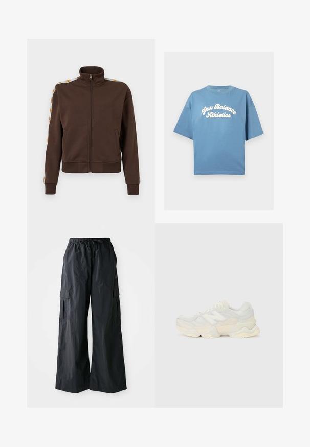 Barna, cipzáros dzseki puha anyagból, magas gallérral, oldalsó zsebekkel és mintás díszítéssel a váll részen. Bordás mandzsetta és szegély.; Kék pamut póló laza szabással, rövid ujjakkal és kerek nyakkivágással. A közepén fehér "New Balance Athletics" logóval.; Fekete cargo nadrág, könnyű anyagból készült, széles lábbetéttel, rugalmas derékpánttal és több oldalsó zsebbel. Egyszerű és praktikus.; Könnyű sportcipő, amely hálós és velúr felsőrésszel rendelkezik, lágy krémszínű árnyalatokban, vastag talppal és háromdimenziós díszítésekkel.