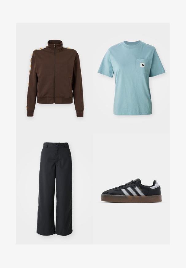 Bruine zip-up jas van zachte stof, met een hoge kraag, zijzakken en patroonelementen langs de schouders. Ribgebreide manchetten en zoom.; Lichtblauw katoenen T-shirt met korte mouwen en een borstzak, voorzien van een klein zwart-wit Carhartt logo patch.; Zwarte wijde pantalon van gladde stof, met een knoopsluiting en zijzakken, in een strakke snit en een getailleerd silhouet.; Zwarte sneakers met een slank ontwerp, voorzien van drie witte strepen, een zwarte tong en een gestructureerde bruine rubberen zool. Accenten van gouden letters.