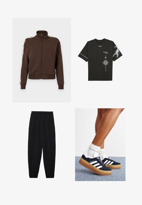 Pruun lukuga jakk pehmest materjalist, millel on kõrge krae, küljetaskud ja mustrilised aksendid õlgadel. Ribitud varrukad ja ääred.; Must musta T-särk mustast puuvillast, millel on valged graafilised trükised, sealhulgas skorpion ja abstraktsed kavandid. Lühikesed varrukad; ümara kaelusega.; Mustad, kerge kangas püksid elastse vöökoha ja kokku volditud pahkluudega. Kanga pind on sile ja disain on lõdvestunud, kitsenev.; Mustad seemisnahast tossud valgete triipude ja detailidega, ümarate varbassosadega, kummist välistallaga, paaritatud valgete soonikuliste meessokkidega.