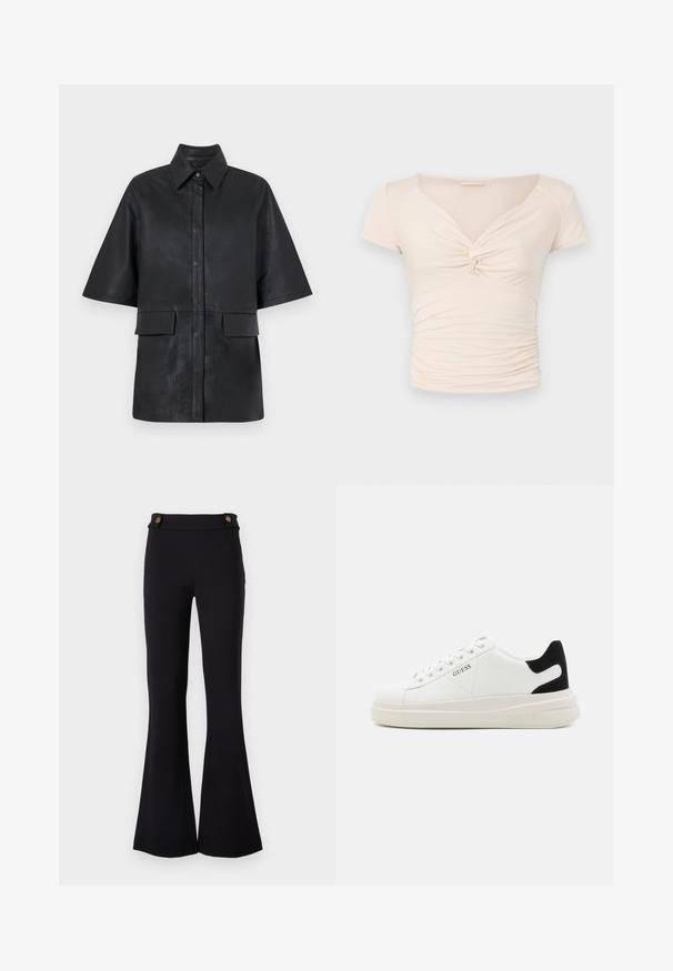 Črna usnjena prevelika srajčna jakna s ovratnikom, kratkimi rokavi, sprednjim zapiranjem na gumb in dvema sprednjima žepoma. Gladka tekstura.; Svetlo bež majica s kratkimi rokavi in V-izrezom, z zvitkom na sprednjem delu, ki ima nabran teksturo ob straneh za tesno prileganje.; Črne razširjene hlače iz elastične tkanine. Imajo dva zlate tone gumbe na pasu. Gladek material in oprijet kroj skozi boke.; Bele usnjene športne copate z debelim belim podplatom, črnimi semišnimi detajli na peti in utisnjenim logotipom na strani. Zavezovanje s šestimi luknjicami.