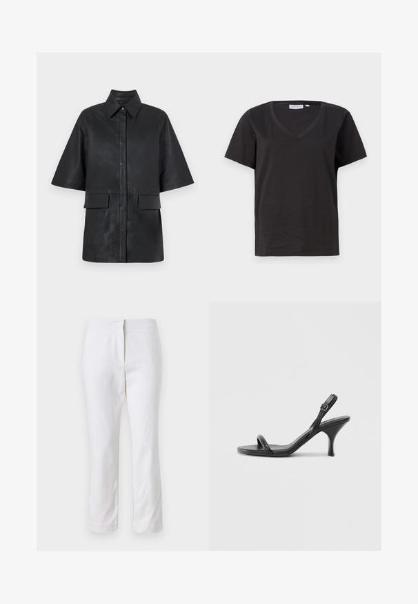 Mustan nahkaisen ylipitkän paidanjakun, jossa on kaulus, lyhyet hihat, etupainonappi kiinnitys ja kaksi etupatch-taskua. Sileä pinta.; Musta puuvillainen T-paita, jossa on V-kaula-aukko ja lyhyet hihat. Yksinkertainen muotoilu, säännöllinen istuvuus ilman kuvioita tai koristeita.; Valkoiset puuvillahousut suoralla lahkeella, joissa on keskikorkea vyötärö ja ei näkyviä varusteita tai kuvioita. Ehjä pinta kauttaaltaan.; Mustat nahkaiset korkokengät, joissa on hoikka, kaareva korko ja ristiin menevä hihnadesign. Säädettävä nilkkahihna. Silkkinen pinta.