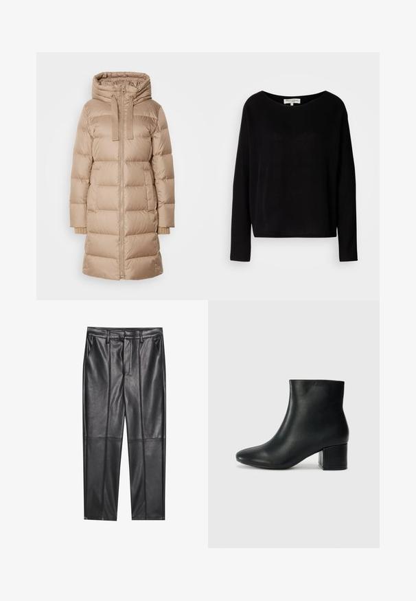 Marc O'Polo Dunkåpe / -frakk - soft mocca; Svart langermet skjorte laget av mykt materiale, med vid rund hals og avslappet passform, uten synlige mønstre eller hardvarer.; Sorte lærbukser med en glat tekstur, der har en lige pasform, to forlommer og synlige sømdetaljer.; Sorte skinn ankelsko med spiss tå og chunky hæl. Glatt tekstur med minimale detaljer og et elegant, tettsittende design.