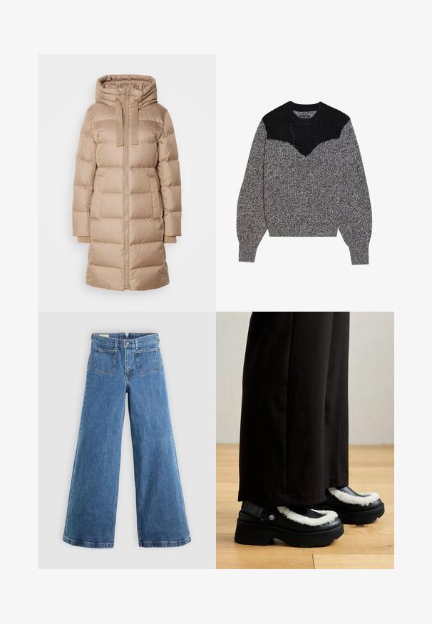 Marc O'Polo Down coat - soft mocca; Knitted sweater in black and gray. Features a textured black yoke and a v-shaped design. Long sleeves with ribbed cuffs; soft, chunky texture.; Blue high-waist wide-leg jeans with front patch pockets, belt loops, button closure, and zip fly on a plain background.; Black platform shoes feature a white furry trim, rounded toe, and strap with a metal button. Worn with black pants on a wooden floor.