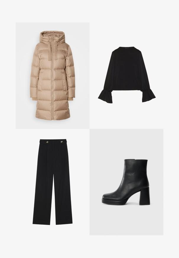 Marc O'Polo Dunkåpe / -frakk - soft mocca; Svart langermet topp med utsvingte mansjetter, myk tekstur og avslappet passform, med enkel rund hals.; Svart vide bukser med høy midje, knappdetaljer på midjebåndet og frontplisser.; Sorte skinnankelsko med blokkhæl og plattformsåle, sett fra siden på en enkel hvit bakgrunn.