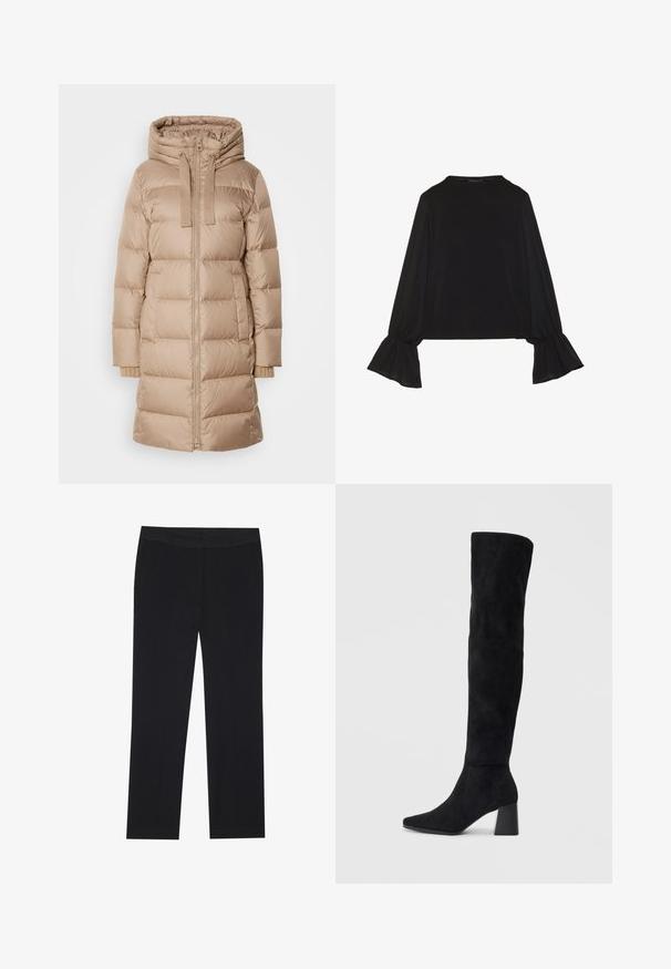 Marc O'Polo Daunenmantel - soft mocca; Schwarz langärmliges Oberteil mit ausgestellt geschnittenen Bündchen, weicher Textur und entspannter Passform, mit einem schlichten runden Halsausschnitt.; Schwarze Hose mit geradem Schnitt, ausgestattet mit seitlichen Taschen und einer glatten Stofftextur. Minimale Details, sauberen Bund.; Schwarze Wildleder-Stiefel bis zum Knie mit Blockabsatz, spitzer Zehe und glattem, nahtlosem Design auf einem schlichten, hellen Hintergrund.