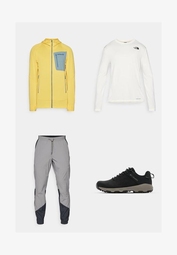 Kollane tõmblukuga jakk tekstureeritud mustriga, millel on sinine rinnatasku ja küljetaskud. Kapuutsiga disain kontrastsete detailidega.; Valge pika varrukaga särk ümmarguse kaelusega, tekstuuriga kangas, must logo vasakul õlal ja peen bränding alt. ; Kergedatud hallid sportlikud püksid mustade aktsentidega. Elastne vöökoht, stringiga sulgemine, kitsenev jala disain ja küljetaskud.; Mustad matkajalanõud musta ülemise osaga, sileda pinnaga, perforatsiooni disainiga, hallal väljal ja tugevdatud kontsaga. Omab paelu ja tõmbetaba lihtsaks selga panemiseks.