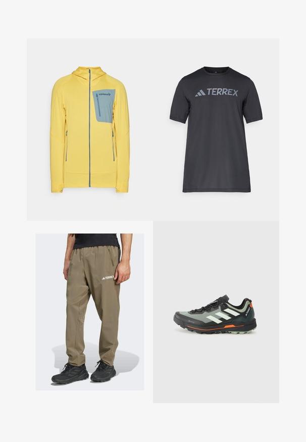 Žltá zip-up bunda s textúrovaným vzorom, obsahujúca modrú prednú vrecko a bočné vrecká. Dizajn s kapucňou s kontrastnými akcentmi.; Čierne tričko s krátkym rukávom vyrobené z ľahkého materiálu, s svetlo šedým logom "TERREX" na hrudi a klasickým výstrihom.; Ľahké khaki turistické nohavice značky Terrex s elastickým pásom, bočnou vreckom a detailom loga. Vyrobené z odolného, priedušného materiálu.; Ľahká trailová bežecká obuv s šedou a čiernou sieťovinou, oranžovými akcentmi a robustnou podrážkou pre trakciu. Nepremokavé Gore-Tex podšívka.