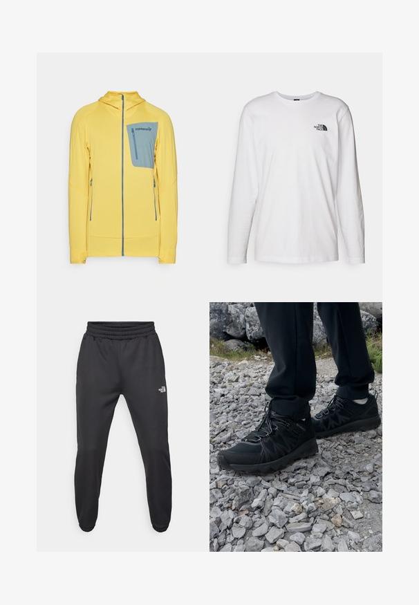 Chaqueta amarilla con cremallera, con un patrón texturizado, que cuenta con un bolsillo en el pecho azul y bolsillos laterales. Diseño con capucha y acentos en contraste.; Camiseta de manga larga blanca de algodón con cuello redondo. Presenta un pequeño logotipo negro en el pecho. Textura suave, corte regular.; Pantalones deportivos negros con cintura ajustable mediante cordón, corte tapered, puños elásticos y un pequeño logo blanco en el muslo izquierdo, fabricados en tejido suave.; Zapatos exteriores negros con malla y material sintético, que presentan un upper texturizado, un sistema de cordones seguro y una suela robusta, sobre terreno rocoso.
