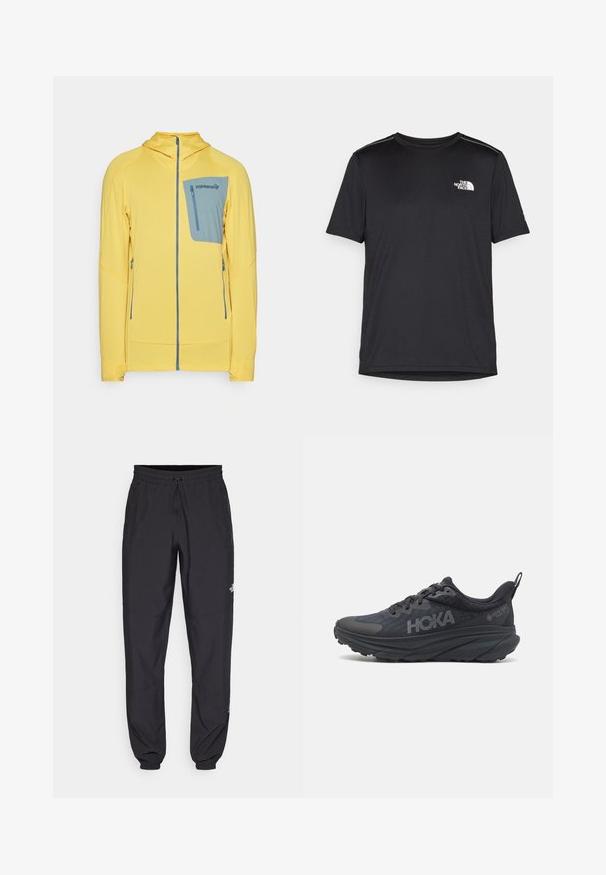 Sárga cipzáras dzseki textúrált mintával, kék mellzsebbel és oldalzsebekkel. Kapucnis kialakítás kontrasztos díszítésekkel.; Fekete, rövid ujjú póló, könnyű anyagból készült. Bal mellen egy kis fehér logó található, és finom vállrész kiemelések.; Fekete sportnadrág, könnyű anyagból készült, húzózsinóros derékkal, oldalsó zsebekkel és szűkített szárakkal a bokáknál.; Fekete Hoka futócipő, légáteresztő hálós felsőrésszel, texturált részletekkel és vastag, párnázott talppal, amelynek élei fokozott támogatást nyújtanak.