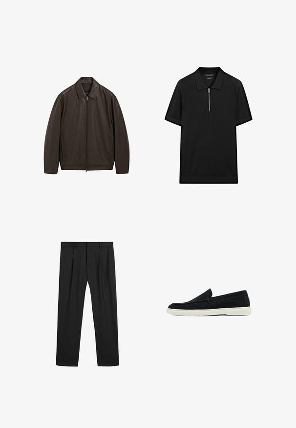 Giacca in pelle marrone scuro con cerniera frontale completa, colletto a punta e tasche laterali verticali, esposta su uno sfondo bianco.; Polo shirt nero a maniche corte con colletto rialzato e zip frontale. Realizzato in un tessuto liscio con un design pulito e minimalista.; Pantaloni neri plissettati realizzati in un tessuto liscio, con una vita tradizionale e un design a gamba dritta. Nessun motivo visibile o elementi in metallo.; Scarpe slip-on in suede nero con profilo basso e suole in gomma bianca. Presentano una punta arrotondata e dettagli di cucitura discreti.