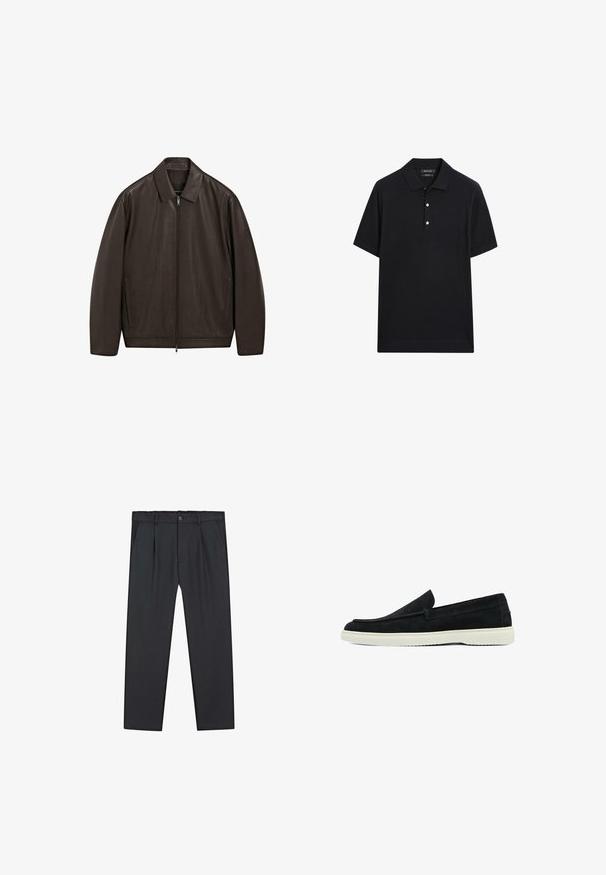 Giacca in pelle marrone scuro con cerniera frontale completa, colletto a punta e tasche laterali verticali, esposta su uno sfondo bianco.; Massimo Dutti SHORT SLEEVE POLO COLLAR - Polo - dark blue; Pantaloni neri a gamba dritta realizzati in tessuto leggero, con chiusura a bottone, pieghe anteriori e tasche laterali. Texture liscia ovunque.; Scarpe slip-on in suede nero con profilo basso e suole in gomma bianca. Presentano una punta arrotondata e dettagli di cucitura discreti.