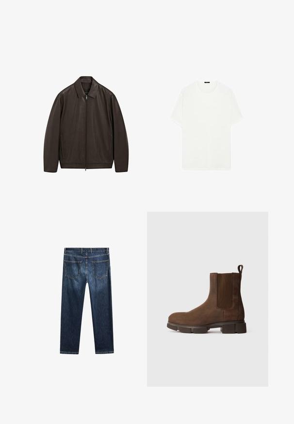 Donkerbruine leren jas met volledige rits aan de voorkant, puntige kraag en verticale zijzakken, gepresenteerd op een witte achtergrond.; Witte korte mouwen t-shirt van zacht materiaal. Heeft een klassieke ronde halslijn en een rechte snit, zonder zichtbare patronen of accenten.; Donkerblauwe denim jeans met een rechte pijp, vijf zakken en contrasterende stiksels. Heeft een schone tailleband en zoom.; Bruine leren enkellaars met elastische zijpaneel, trekband en chunky rubberen zool.