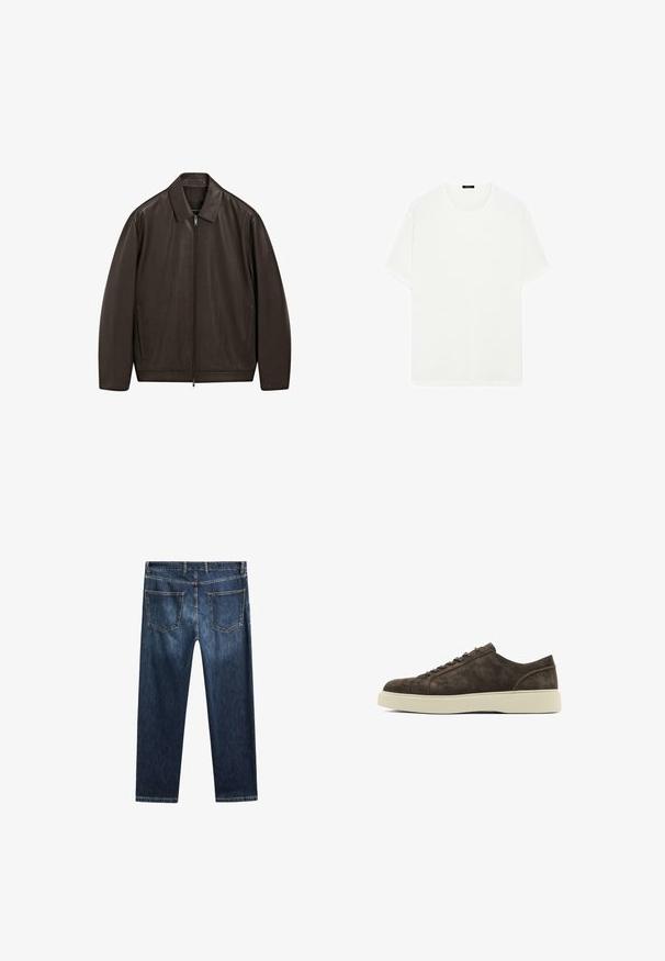 Mörkbrun läderjacka med full framdragkedja, spetsig krage och vertikala sidofickor, visad mot en vit bakgrund.; Vit kortärmad t-shirt i mjukt tyg. Har en klassisk rund halsringning och rak skärning, utan synliga mönster eller accenter.; Mörkblå denimjeans med rak benmodell, fem fickor och kontrasterande sömmar. Har en ren midja och fåll.; Bruna mockaskinnssneakers med en slät textur, rund tå, platt gummisula och en enkel snörning. Subtila sömnadsdetaljer på sidorna.