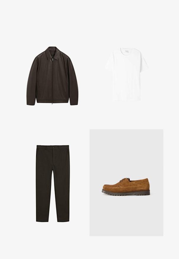 Dunkelbraune Lederjacke mit durchgehendem Reißverschluss, spitzem Kragen und vertikalen Seitentaschen, auf einem weißen Hintergrund präsentiert.; Weißes Baumwoll-T-Shirt mit kurzen Ärmeln, Rundhalsausschnitt und lockerer Passform. Glatte Textur, keine Muster oder Grafiken, minimale Markenkennzeichnung am Etikett.; Dunkelbraune, gewebte Stoffhose mit geradem Bein, vorderen Taschen und einem Knopfverschluss an der Taille. Glatte Textur.; Braune Wildleder-Schnürschuhe mit dickem schwarzem strukturiertem Absatz, sichtbaren Nähten und klassischem Mokassin-Design auf weißem Hintergrund.