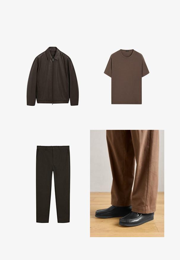 Dunkelbraune Lederjacke mit durchgehendem Reißverschluss, spitzem Kragen und vertikalen Seitentaschen, auf einem weißen Hintergrund präsentiert.; Braunes Baumwoll-T-Shirt mit Rundhalsausschnitt und kurzen Ärmeln. Einfaches Design mit gleichmäßiger Textur und lockerer Passform. Keine Muster oder Akzente.; Dunkelbraune, gewebte Stoffhose mit geradem Bein, vorderen Taschen und einem Knopfverschluss an der Taille. Glatte Textur.; Schwarze Lederschuhe im Mokassinstil mit genähten Details, kombiniert mit braunen Hosen, auf einem Holzboden.