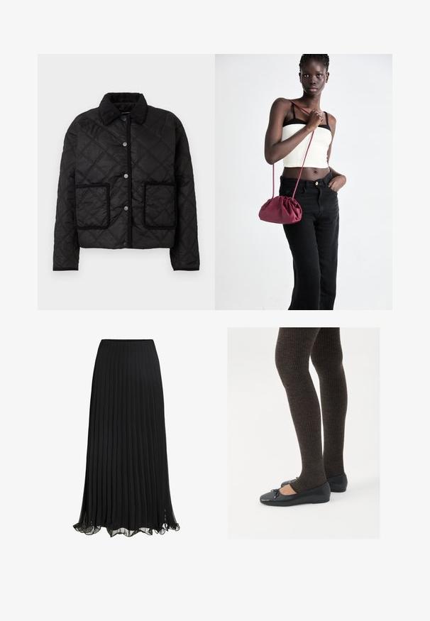 Juodas sukurtas pūkinis švarkas su užsegimu spragtuku, dviem priekiniuose kišenėse su kontrastingomis briaunomis ir raštuotu apykaklės kraštu.; Balta trumpa rankovėmis marškinėliai su V formos iškirpte, kurią puošia subtilus nėrinių kraštelis ant iškirptės ir rankovių, pagaminti iš lengvo audinio.; Juoda plisuota maksinė sijonas, pagamintas iš lengvos medžiagos su plaukiotu dizainu. Jame yra raukšlėtas apvadas ir elastinė juosmens juosta komfortui.; Juodos plokščios bateliai su maža kaspinėlio detale prie pirštų, derinami su tamsiai rudos spalvos raukšlėtomis pėdkelnėmis. Bateliai turi lygų paviršių ir žemą profilį.; Bordo minkštas audinys rankinukas su susiraukšlėjimu ir ilgu dirželiu, dėvimas per kūną. Modelis vilki baltą trumpą palaidinę ir juodas džinsus.