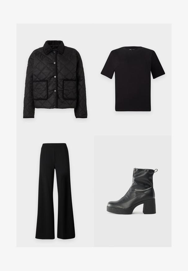 Svart vadderad jacka med tryckknappsstängning, två framfickor med kontrasterande kanter och en ribbad krage.; Svart kortärmad t-shirt med rund halsringning, tillverkad i mjukt bomullstyg. Enkelt mönster, utan synliga logotyper eller mönster.; Svarta vida byxor i mjukt, stretchigt material. Har en slät, elastisk midja och en ren, odekorerad design.; Svarta ankelstövlar i slitstark läder, med sidodragkedja, kraftig strukturerad klack och rundad tådesign.