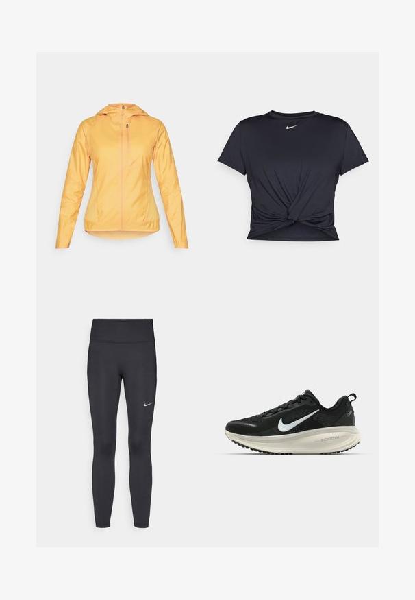 Lichtgewicht, zip-uppar jacket in helder geel. Heeft een capuchon, lange mouwen en twee zijzakken. Soepele textuur en slank design.; Zwarte sportieve T-shirt van gladde stof, met een geknoopt ontwerp aan de voorkant en een klein wit Nike-logo op de borst.; Zwarte legging van rekbare stof met een hoge tailleband en een wit Nike-logo op de linkerdij. Gladde textuur, aansluitend ontwerp.; Zwarte Nike hardloopschoen met ademend mesh bovenwerk, witte swoosh-logo, gestructureerde details en een crèmekleurige ZoomX middenzool.